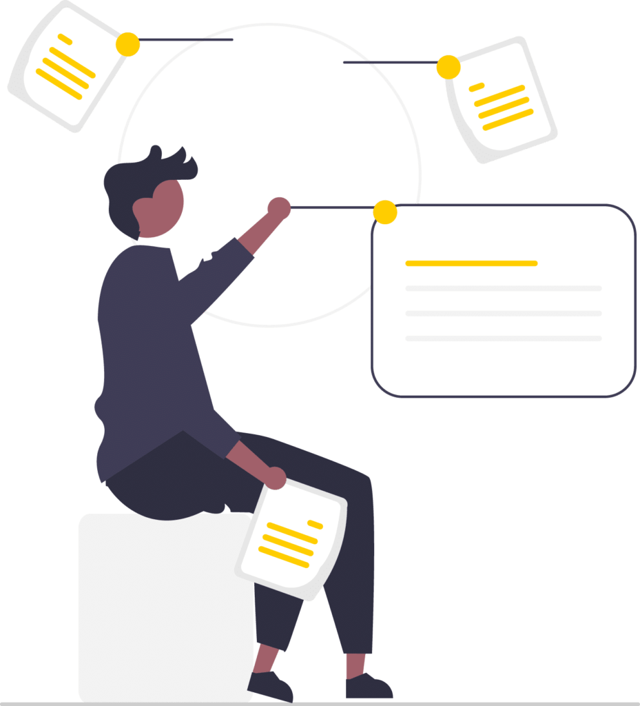 An illustration of a person sitting on a cube with papers around him.