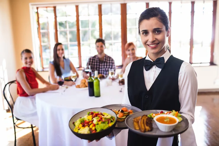 Professional server presenting gourmet dishes to dining guests at elegant catered event