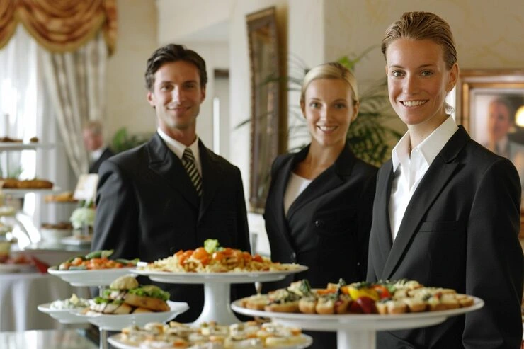 Professional catering team presenting gourmet plated dishes in elegant dining room setting