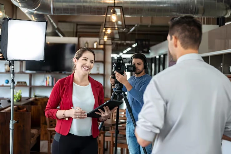 Professional woman directing corporate video production with cameraman and subject in industrial studio