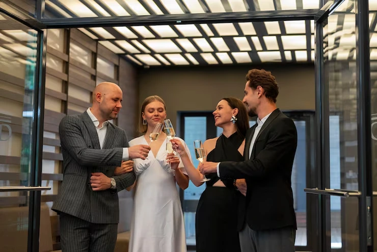 Four business professionals toasting with champagne glasses in modern glass-walled venue