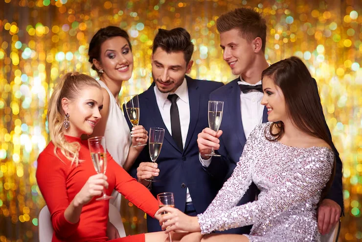Five elegantly dressed guests toasting with champagne against golden bokeh backdrop at formal celebration