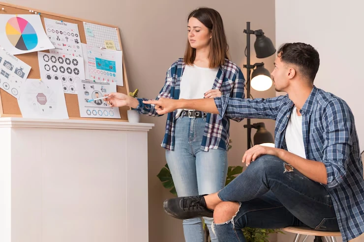 Marketing team analyzing launch strategy charts and data visualizations on presentation board