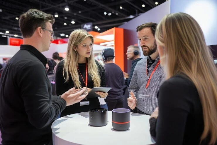 Professionals discussing new technology product at modern exhibition booth during launch event presentation