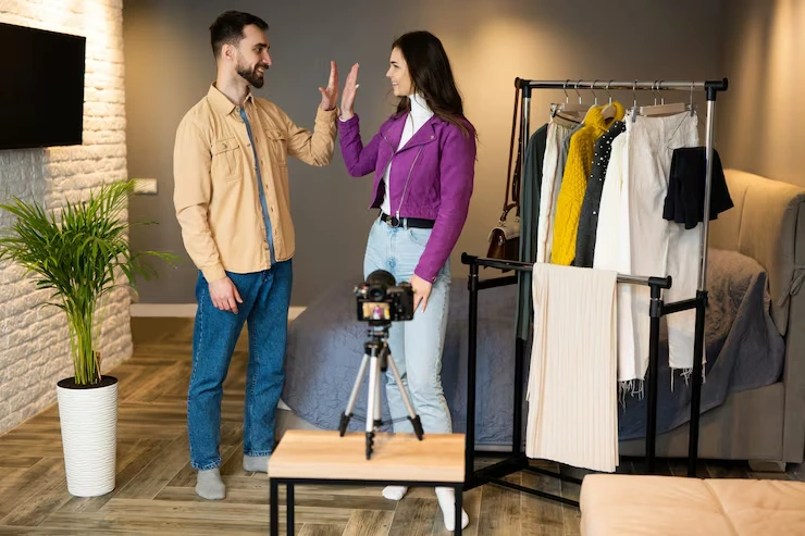 Content creators filming product showcase with clothing display and professional camera equipment