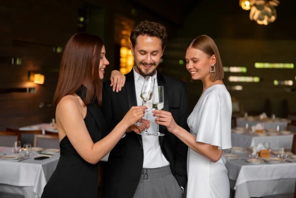 Three guests toasting with champagne at elegant gala dinner with ambient lighting and formal table settings
