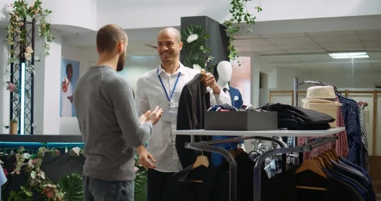 Staff member showing clothing item to customer in store