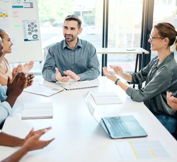 Diversity b2b people, business meeting or applause in office for success partnership, deal or colla